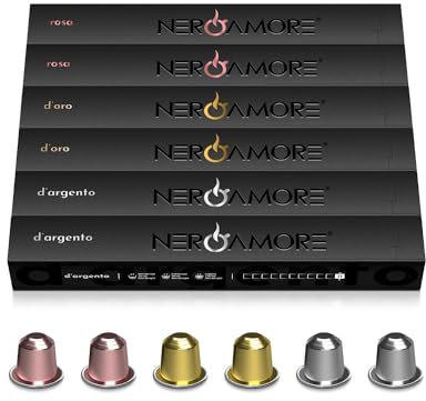 NERO AMORE Lot de 60 capsules d'expresso en aluminium, compatibles avec Nespresso Original Line, machines – Torréfaction italienne moyenne et foncée – Espresso et Lungo, dosettes de café, capsules