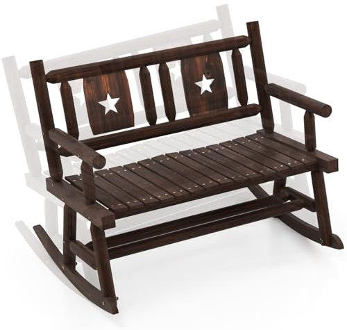 KOMFOTTEU Sedia a Dondolo 2 Posti da Balcone, Panchina a Dondolo da Giradino in Legno di Pino e Abete, Sedia Dondolo Ergonomica Esterno Portato 320kg con Schienale e Braccioli, 111x85x89cm, Marrone