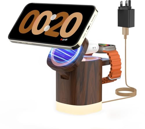 JoyGeek 3-in-1 Charger Stand for Magsafe, Foldable Wireless Charging Station with Night Lights, Magnetic Charger Dock for iPhone 16/15/14/13/12 Pro/Max, AirPods 4-2, Apple Watch 2-10/Ultra,Burly Wood