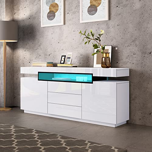 Küchenschrank Buffet Schubladenschrank Kommode Wohnzimmerschrank mit LED Beleuchtung 2 Türen 4 Schubladen mit Drucksystem 1 Offene Ablage für Esszimmer Küche Wohnzimmer Hochglanzfron (Weiß)