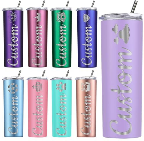 Amlion Personalised Tumbler - Laser Engraved with Name,20oz Custom Stainless Steel Cups Personalised Skinny Tumblers with Lids and Straws for Women Men Gifts - 13 Colors & 42 Icons