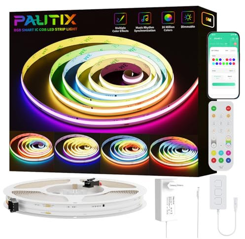 PAUTIX WIFI Tira LED COB RGB Smart IC 5M Direccionable,24V Flexible multicolor con cambio de color Tira LED Smart controlador Función con Alexa,RF Remoto y Alimentación para DIY iluminación