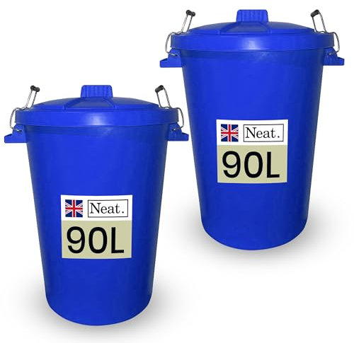 Neat. 90L Bin Coloured Large Plastic Bins, Heavy Duty Kitchen Bin with Metal Handle Dustbin with Lid For Easy Refusal Garden Bin Indoor Outdoor Rubbish Waste, Storage of Animal Feed, Dark Blue-2Pack