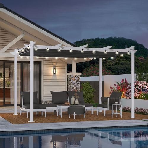 PURPLE LEAF Pergola Aluminium avec 24 Guirlandes Lumineuses Exterieure LED, Pergola Jardin Extérieur Métal Blanc 4 x 3 m, Tonnelle de Jardin avec Toit de Protection, Gris