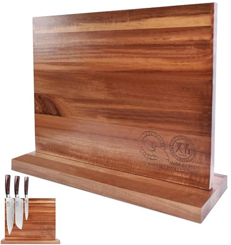 XYJ Authentic Since 1986 Bloc à couteaux magnétique double face en bois d'acacia avec aimants puissants améliorés pour la cuisine