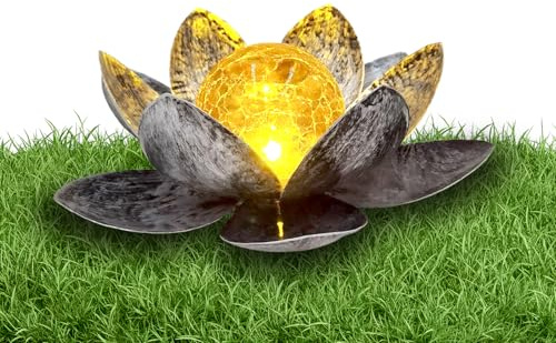 Tuzsocr Solar Lotus Laterne, Lotusblüte Solarlampe für außen, Kugel Crackle-Glas Garten Strahler, für Außen Terassendeko LED Solarleuchten Wasserdicht Metall Solarlaterne für Außen, 20cm (Grau)
