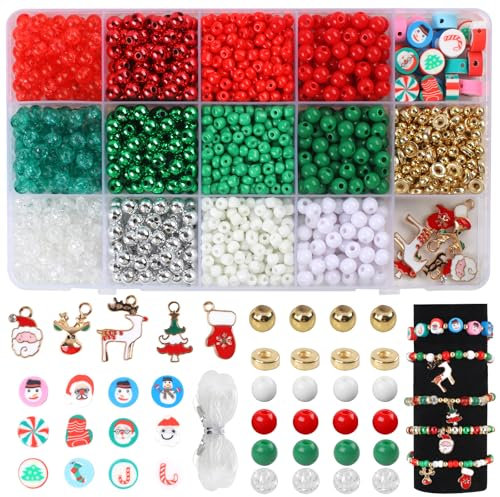 Maxmoc Weihnachten Perlen, Perle Bastelset Weihnachten Kinder, Rot Grün Weiß Weihnachtsperlen mit Weihnachtsanhänger, Weihnachten Basteln für DIY Armband Halskette Dreadlock