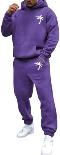 Tuta da jogging da uomo, con stampa, per il tempo libero, tinta unita, con cappuccio, a maniche lunghe, con tasche, 2 pezzi, tuta da jogging, tuta sportiva, Lilla, S