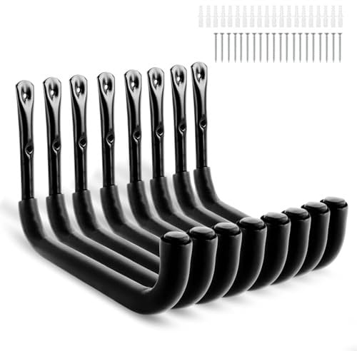 AKOLAFE 8 Stück Wandhaken zum Schrauben Schwarz Wandhaken Garage Edelstahl Leiterhaken 32 x 23 cm Wandhaken Schwerlast 30 kg J Haken Gerätehalter Wandhalterung zum Einhängen für Klappstuhl, Fahrrad