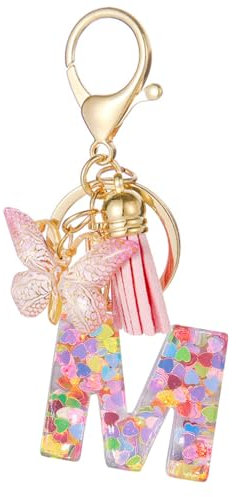 Moydolo Portachiavi Lettera con passanti per Donna, Portachiavi Estetico con Nappe Farfalla Rosa Lettera Portachiavi Fascino