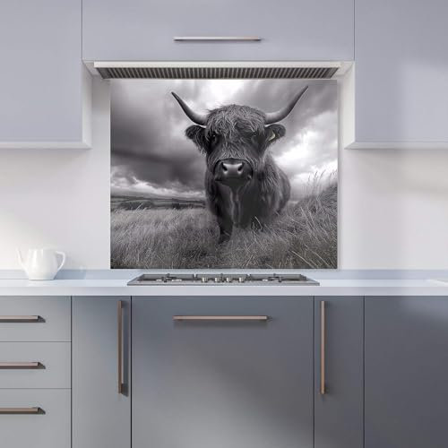 Premium Black And White Highland Cow Kitchen Splashback 6mm Toughened Glass Kitchen Splashback – Heat Resistant Splashback for Kitchens, Perfect for Cookers and Hobs, Polished Edges