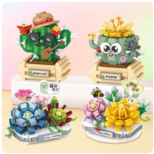 MEIEST 4 PCS Mini Flower Succulent Bonsai Building Blocks,Simulation Pot Plant Particle Botanical Collection Construction Building Bricks Toy,Home Decors (Series-1)