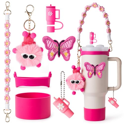 Stanley Cup Zubehör-Set I Wasserflaschen-Griffband, Silikon-Tassenhalter, Schmetterlingsaufkleber, Ball-Anhänger & Griff-Anhänger, Strohhalm-Dekor für Stanley Cup 40oz/30oz