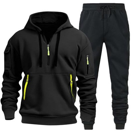 Trainingsanzug für Herren, Winter, Sweatshirt, Sportanzug, Sweatshirt mit Kapuze und Hose, zweiteilig, Tracksuit, Sweatshirt mit Reißverschluss, Trainingsanzug, Sportbekleidung, 01 - Schwarz, XL
