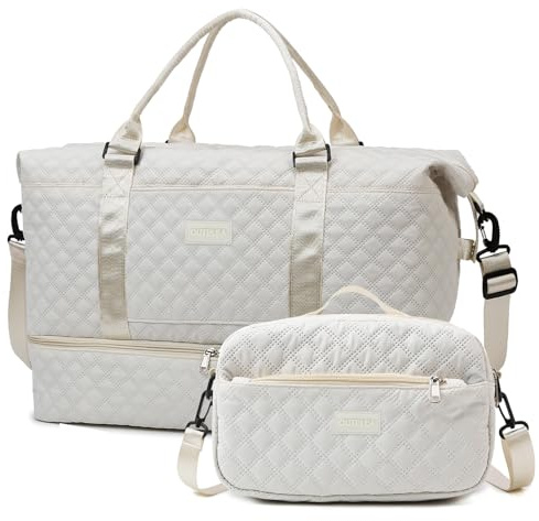 Outplea 55L Leicht Reiserucksack Damen Mädche, Groß Weekender Tasche mit Schuhfach, Tragbar Handgepäck mit Kulturbeutel, Sporttasche Kliniktasche für Reisen Fitness Yoga Schwimmen, Weiß