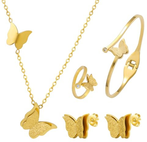 XSDSLS Women's Butterfly Jewellery Sets Stainless Steel Butterfly Necklace Bracelet Earring Ring Sets Butterfly Open Bangle Butterfly Pendant Jewelry Sets Gifts for Women (Gold)