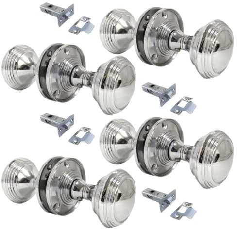 Epsom Door Handle Queen Anne Reeded Mortice Door Knobs, Chrome Round Interior Door Knobs with Tubular Latch (4 Pairs)