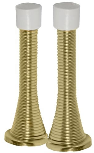 Spring Door Stop Stopper Spring-Aside Doorstop Wall, Skirting or Door Fixings & Screws Brass Plated - 75mm - Pack of 2