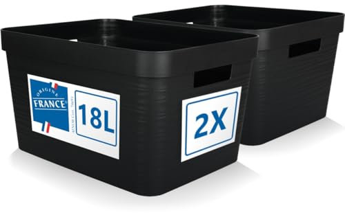 Stimo 2er Set Aufbewahrungsbox 18L Aufbewahrungskorb Kunststoff Ordnungsbox mit Griffen für Badezimmer Regal Organizer Box (Schwarz, 2er Set 18L)