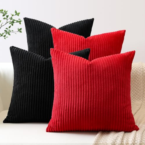 JOTOM 4er Set Cord Kissenbezüge Kissenhülle Dekorative Zierkissen Couchkissen Sofakissen Dekokissen Kordsamt Kissenbezug Deko Kissenhülle für Sofa Wohnzimmer (60x60cm, Rot Schwarz)