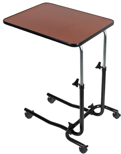 Eazy Overbed Table with Wheels – Height Adjustable Bedside Table (53–87cm) with Tilting Wood Top, Rolling Bed Table for Elderly, Disabled, Recovery, Chair or Home Use, Bedside Table with Wheels