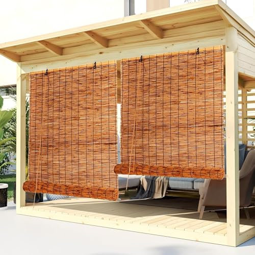 Outdoor Bambusrollo Mit Seitenzug Anti-UV Bambus Raffrollo Lichtdurchlässig Schilf Vorhang Sichtschutz Schilfvorhänge Einfache Montage(120x210CM/47x82IN(WxH))