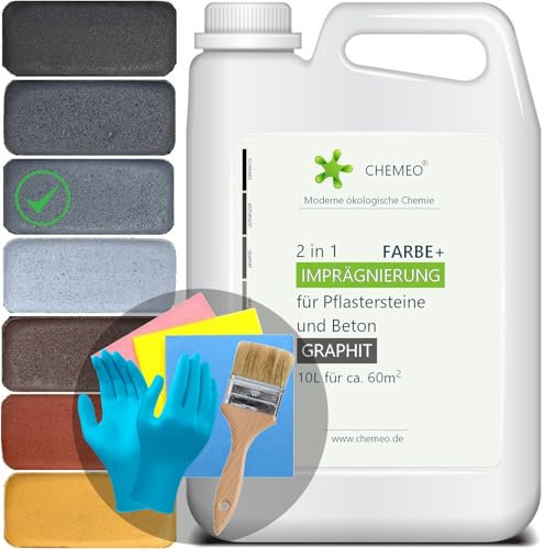 CHEMEO® Betonfarbe außen Frostsicher | Betonplatten, Terrassen und Pflastersteine Streichen | GRAPHIT Betonpflaster Farbe 10 liter für 60m2 | Bürste, Handschuhe und Tücher GRATIS