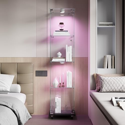 Vitrine aus Glas, 4 Ablagen mit 1 Türen, Glasvitrine mit LED, Vitrinen mit Tür und Schloss, Schrank mit Universalrollen, Vitrinen für Wohnzimmer, 163 x 40 x 35 cm (1 Türen, 4 Etagen, schwarz)