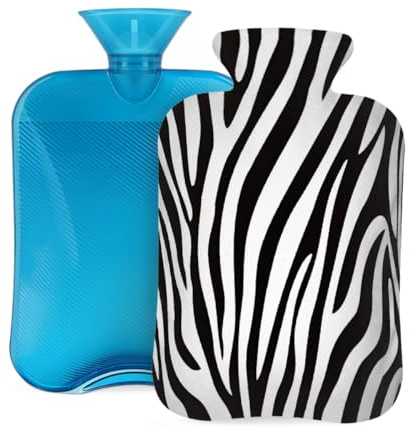 Wärmflasche aus Gummi mit weichem Bezug, schwarz-weißes Zebra-Tierhautmuster, 2 l, Wärmbeutel zur Schmerzlinderung, Wärme- und Kältetherapie