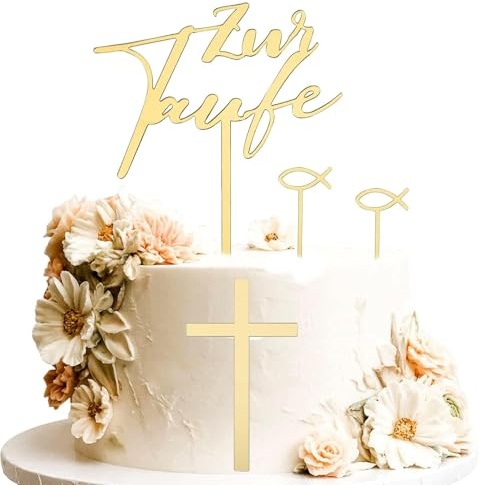 RabbFit 4 Artikel Tortendeko Taufe, Kreuz Zur Taufe Tortendeo Acryl Gold Kuchen Topper Fisch Kommunion Cupcake Topper Mädchen Junge für Babyshower Kuchen Dekoration