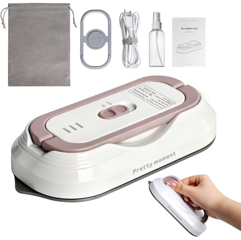 Mini plancha portátil de viaje con voltaje universal 100-240 V, pequeña plancha de mano sin vapor, superficie de cerámica, prensa de calor a 150 °C, con botella de spray, bolsa y