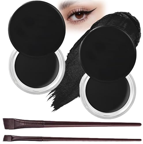 2PCS Waterproof Gel Eyeliner Pot Set with 2 Brushes - Long Lasting Smudge Proof Formula, Rich Black Colour for Eyes and Brows, Sweat Resistant, Easy to Apply, Smooth Cream Texture (Black-2PCS)