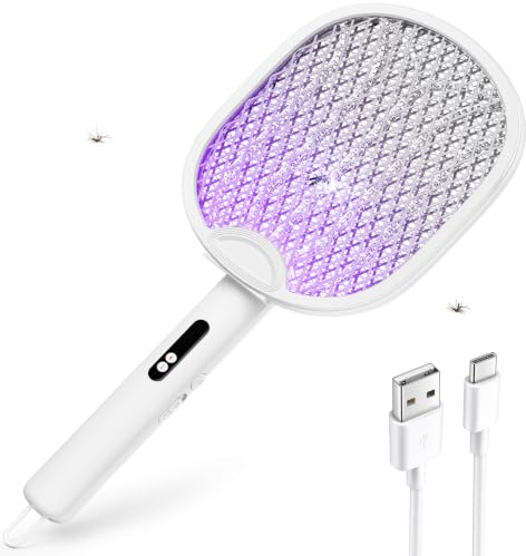 ZOVHYYA Raqueta Mosquitos Eléctrico Plegable Recargable Killer Portátil | 4000V 1800mAh USB 3 en 1 USB-C Modo Manual de Mesa o Pared Rejilla Protectora de 5 Capas para Dormitorio Cocina Camping