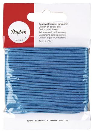 Rayher Baumwollkordel, gewachst, 1 mm ø, Karte 20 m, türkis, Baumwollschnur, Schmuckkordel, 5169107