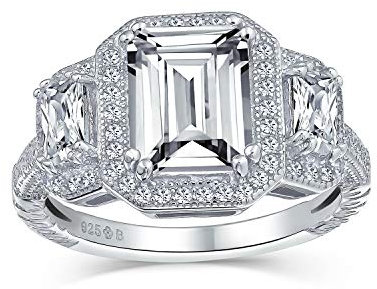 Une Bague De Fiançailles De Style Art Déco Vintage Une Pierre Centrale Émeraude Taille Rectangle De 3 Carats Cz Halo S Des Pierres Latérales Baguette En Cz En Argent Sterling Personnalisable.