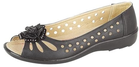 Boulevard Womens Wide Fit Leather Lined Open Peep Toe Flower Summer Shoes Black 7