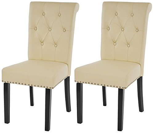 Mendler 2er-Set Esszimmerstuhl Chesterfield II, Stuhl Küchenstuhl, Nieten - Kunstleder, Creme, dunkle Beine