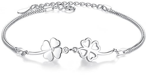 Bo&Pao Bracelet Femme avec Porte-Bonheur Trèfle en Argent sterling 925, 20 cm, réglable