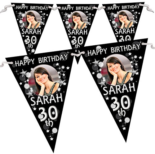 Personalised Black & Silver Glitz Birthday Party PHOTO Flag Banner Bunting N70-10 Flags inc ribbon 18th 21st 30th 40th 50th ANY AGE!