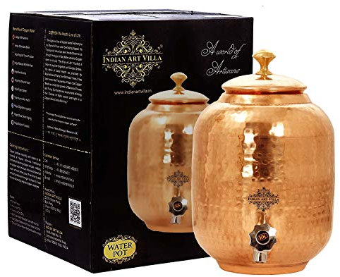 Indian Art Villa Wassertopf aus reinem Kupfer mit Messingdeckel, Tankspender, Aufbewahrungswasser, Volumen: 3,8 l