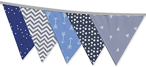 Wimpelkette Kinderzimmer, Stoff Wimpelkette für Babyzimmer Deko Junge & Mädchen - farbenfrohe Girlande Kinderzimmer Deko & Stoff-Girlande Längen - (200cm, Blau/Grau)