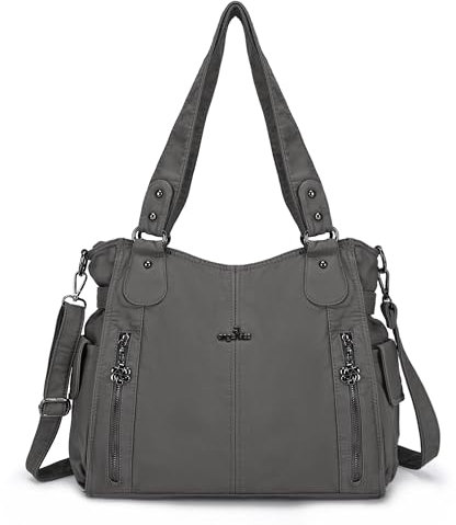 ZOCAI AngelKiss Handtasche Damen Schultertasche Multifunktionale Umhängetaschen Gewaschenes Veganes Leder Wasserdicht mit Reißver Schlusstaschen Reißverschlusstasche (Grau)