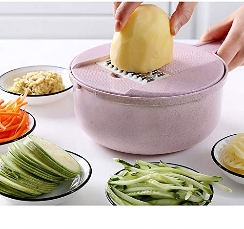 5 Klingen Zwiebelschneider Dicer Multifunktional Salat Lebensmittel-chopper,Manuell Spiralschneider Mandolinenschneider für Knoblauch,Gemüseschneider Allesschneider mit Container-Rosa 29x10cm(11x4inch