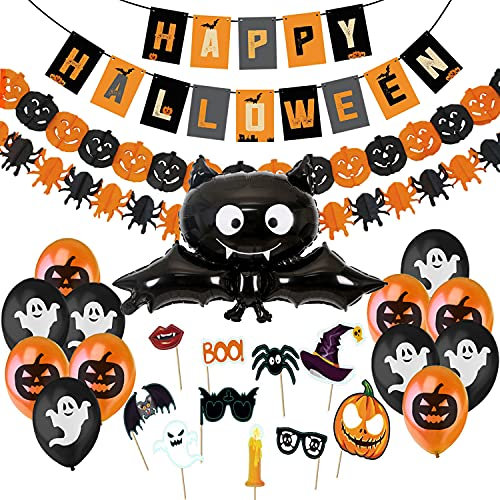 Jonami Halloween Deko Set, Happy Halloween Dekoration Girlande, Große Fledermaus, Kürbisse und Spinnen Wimpelgirlande, Grusel Fotorequisiten, Ballons fur Halloweenparty Kinder