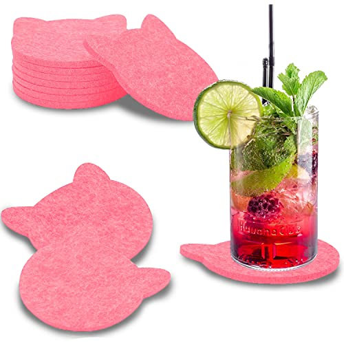 wortek Filz Untersetzer Gläser Rosa in Katzenform – 8er Set Glasuntersetzer für Getränke, Tassen, Bar, Glas - Ø 10cm Tischuntersetzer waschbare Filzuntersetzer Gläser Glas Untersetzer-Set