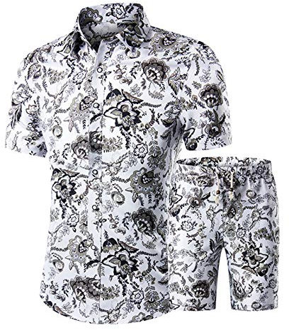 AOTORR Herren-Trainingsanzug-Set, floral, kurzärmelig, T-Shirt und Shorts, Anzug, Sommer, Hawaii-Print, weiß, M