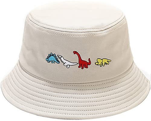 XYIYI Kleiner Dinosaurier Beige Mode Embroidered Fischerhüte Baumwolle Strand Sonnenhut Fischerkappe für Damen Jugendliche