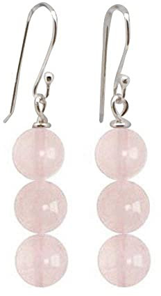 TreasureBay Handmade Women's Triple Beads Natural Pink Rose quartz and Sterling Silver Dangle Drop Earrings - Gift Ideas for Women (Pink Rose Quartz)
