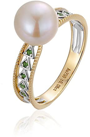 18 Karat (750) Bicolor Ring Damen Gold, Ehering Dreieckiger Hohler Perlenring Weiß Perle Grün Tsavorit 0.08ct Ring Größe 56 (17.8)