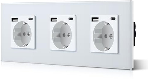 BSEED Triple prise murale Schuko en verre, type USB-C, 3-en-1, encastrable, 3 voies, puissance de charge de 2,1 A et adaptateur de type C, prise d’extension de 228 mm (blanc)